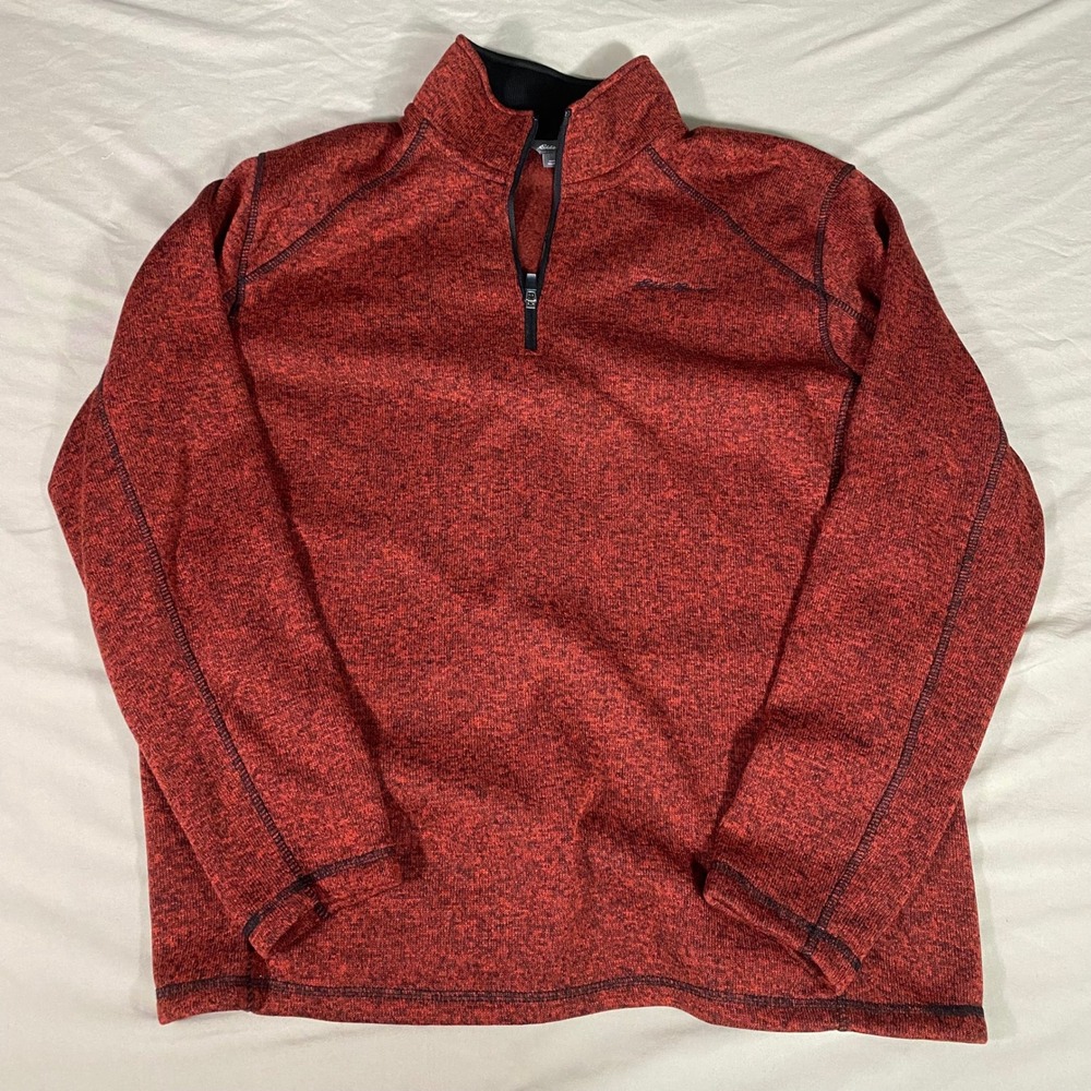 Eddie Bauer Mens XL Quarter Zip Pullover Sweater Red Black Marled Fleece Logo
